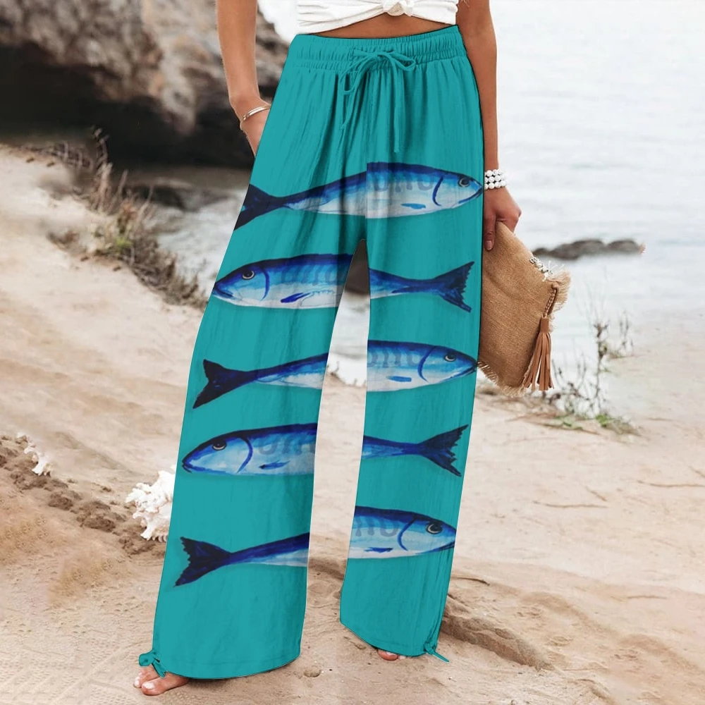 

Women's Cotton And Linen Wide Leg Casual Pants Fish Printed Elegant Casual Long Trousers Bohemian style Trendy Ladies Clothes