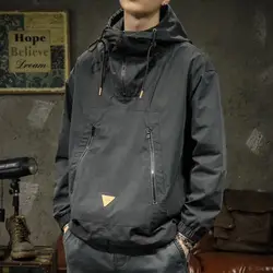 Big Size Zip-up Hoodie Men Jacket Sweatshirt Military Windbreaker Harajuku Hooded Pullover Vintage Long Sleeve Pockets Tops New