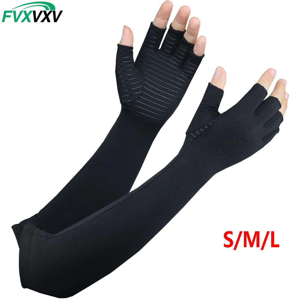 Lange Kompressionshandschuhe für Arthritis bei Frauen und Männern, Kupferhandschuhe zur Linderung von Gelenkschmerzen, Schwellungen, RSI, fingerlose Karpaltunnel-Handschuhe