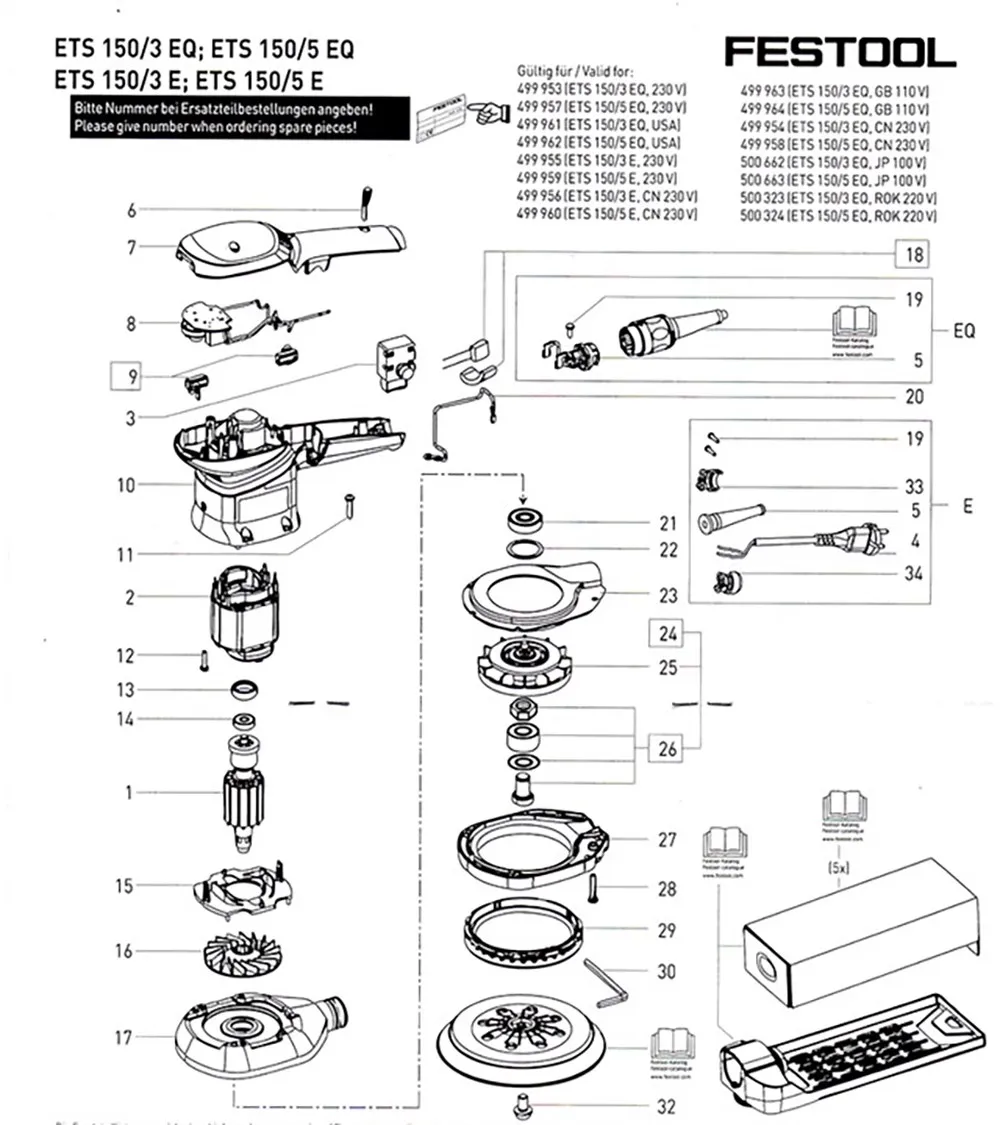 FESTOOL-Accesorios de fábrica de molino seco eléctrico ETS150 CTL23/26 Power PCB Rotor Stator Bearing assembly, capacitancia, etc