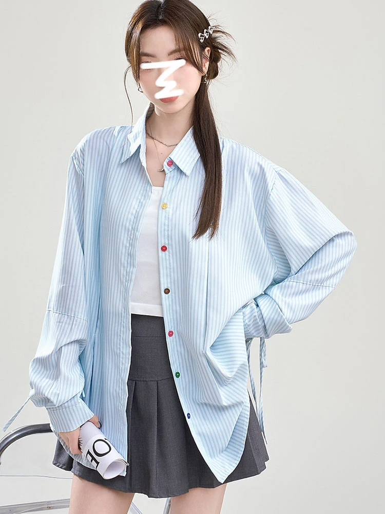 Chemise rayée à boutons de couleurs pour femmes, ample, doux, manches longues, chemisier élégant, mode coréenne, décontracté, surdimensionné, hauts mignons