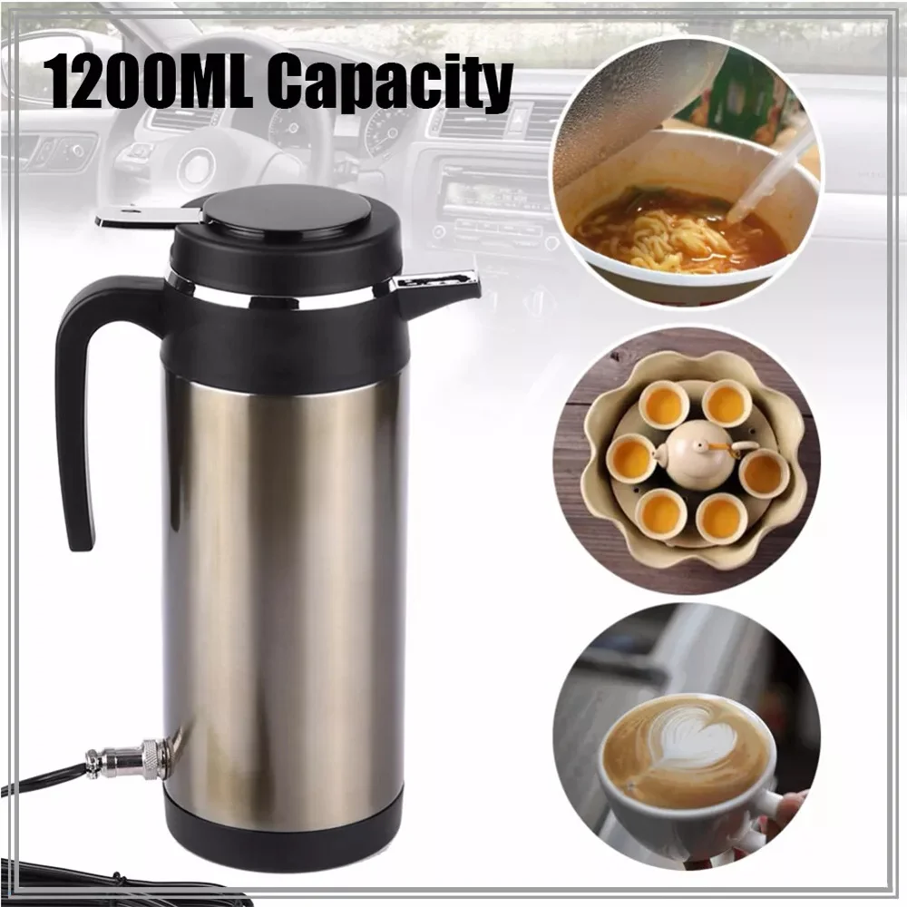 12V/24V 1200 ML Electric Heating Cup Kettle Stainless Steel Water Heater Bottle Auto Shut Off Fast Boiling Kettle for Travel Car