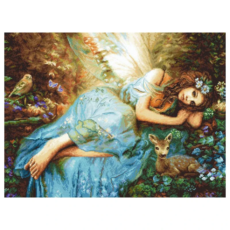 Amishop Counted Cross Stitch Kit Spring Fairy And Deer Bird Sleeping Beauty Forest Animals LETI 960