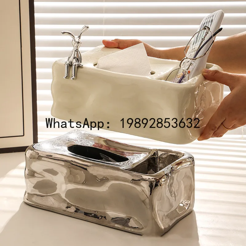 Silver Ceramic Tissue Box Fold Pattern Irregular Ice Shape Silver Rabbit Napkin Holder Paper Towel Holder Home Desktop Storage
