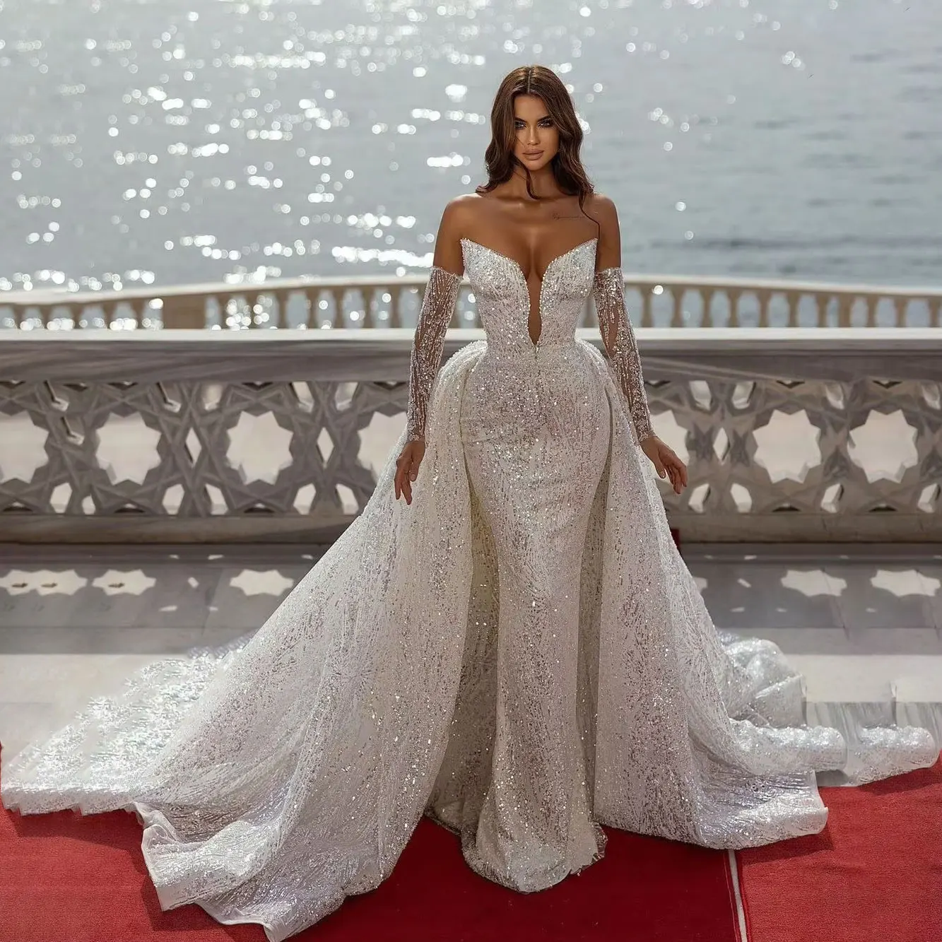 جديد حورية البحر فستان الزفاف كم طويل عميق الخامس الرقبة الترتر يزين الدانتيل متابعة انفصال قطار زي العرائس حجم كبير مخصص
