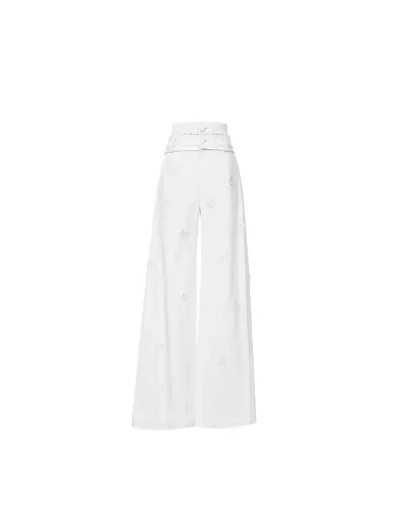 New Fashion Flowers Embroidery Women's Jeans Autumn Casual High Waist Solid Color Denim Wide Leg Pants Ankle Length Trousers
