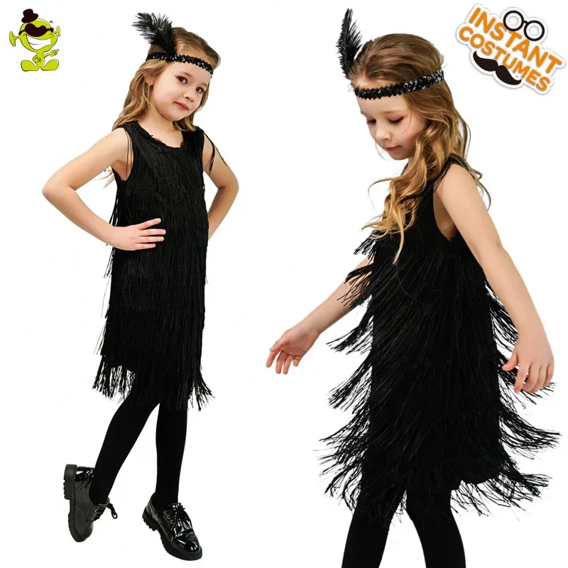 Kids dresses for girls Latin dance dress ballroom competition fringe tassel stage performance clothing 1920s Gatsby costumes