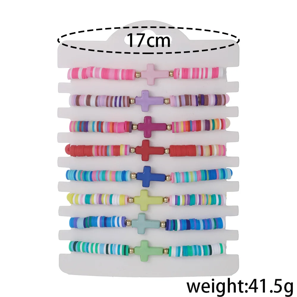 8pcs Bohemian Colorful Polymer Cross Bracelet New Beach Style Stretch Bracelets Set for Women Girls