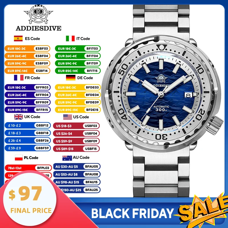 

ADDIESDIVE Premium 300M Diving Watch Men’s Automatic NH35A Movement BGW9 Super Lume Ceramic Bezel Sapphire Crystal AD2098 New