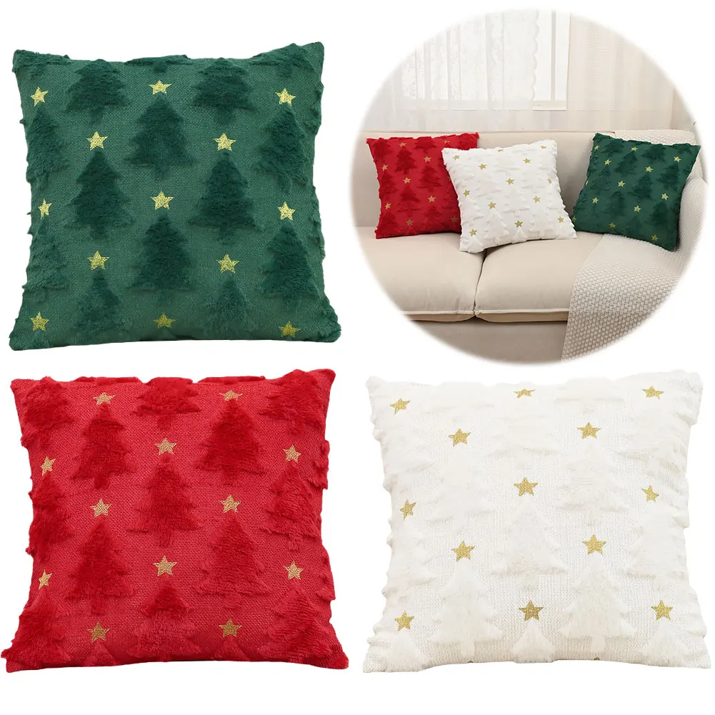 

1Pack Christmas Tree Square Throw Pillow Cases Snowflake Shaggy Plush PillowCases Embroidered Sofa Cushion Cover Home Decor