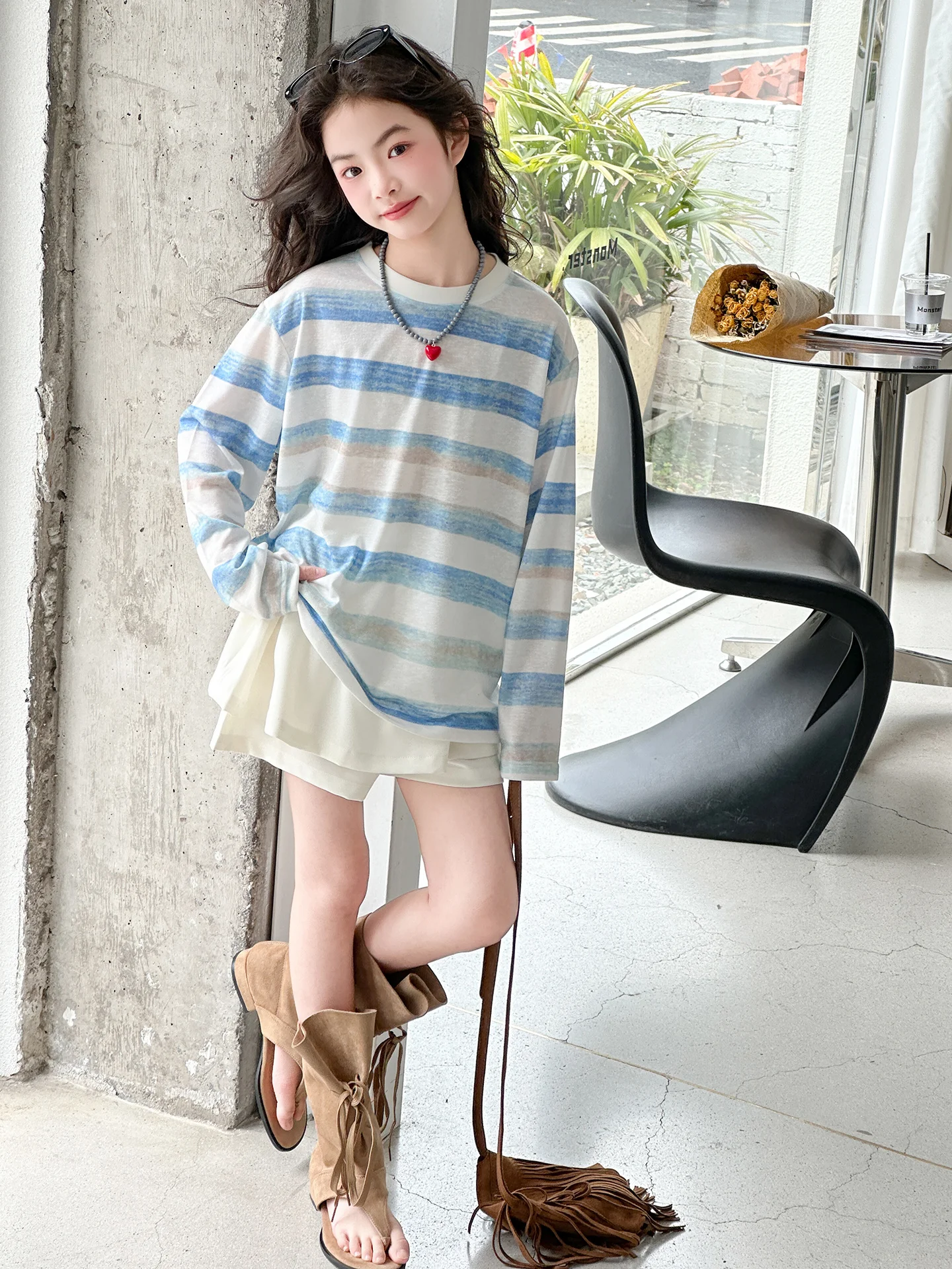girls-stripe-long-sleeve-t-shirt-shorts-set-summer-new-style-ice-silk-thin-sun-protection-trendy-ice-silk-skirt-pants