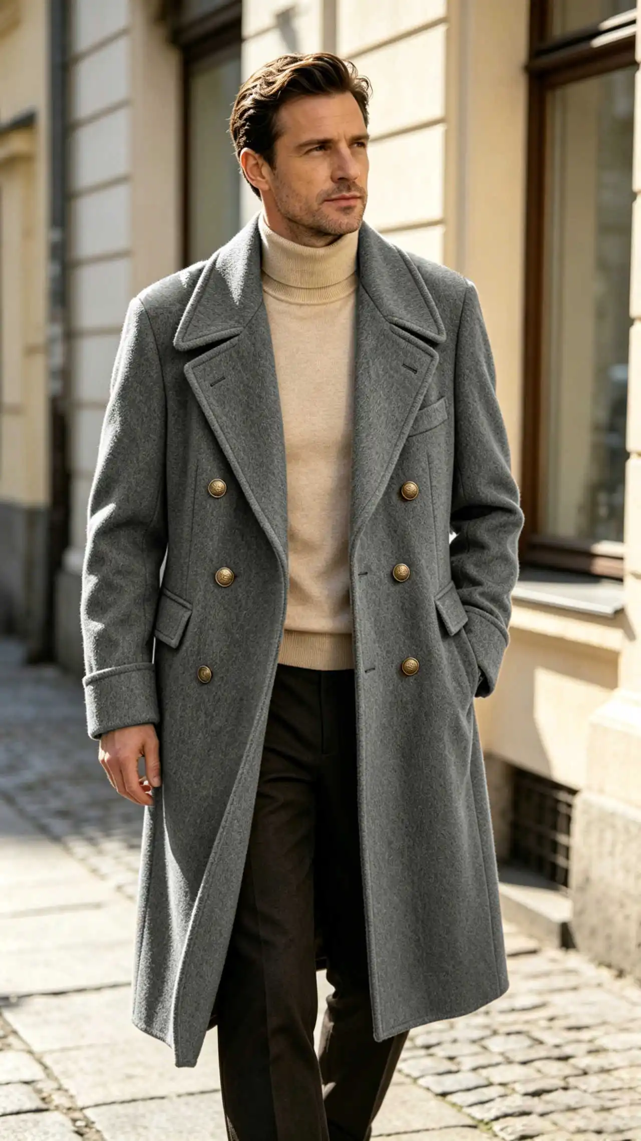 Simple Mens Overcoat Peak Lapel Double Breasted Back Strap Winter Outerwear For Formal Dinner Party Business Travel Customized