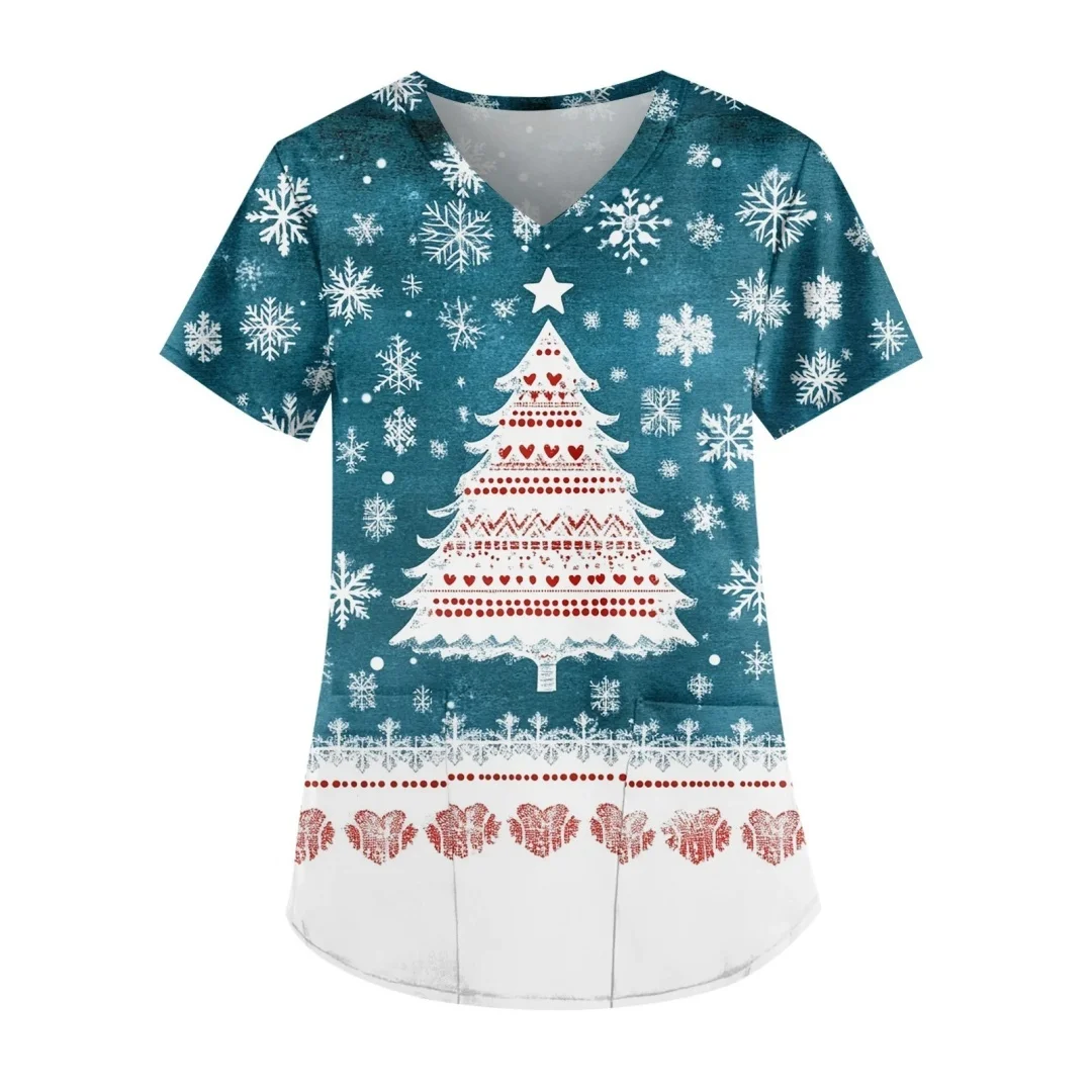 Feliz natal uniforme de trabalho manga curta com decote em v papai noel floco de neve padrão dos desenhos animados topos natal moda roupas casuais