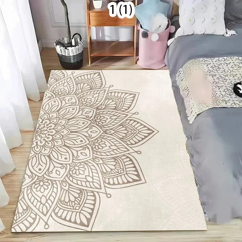 Rectangular Carpet Boho Mandala Floral Pattern Warm Beige Tone Soft Decorative Floor Mat for Living Room Bedroom Home Decor