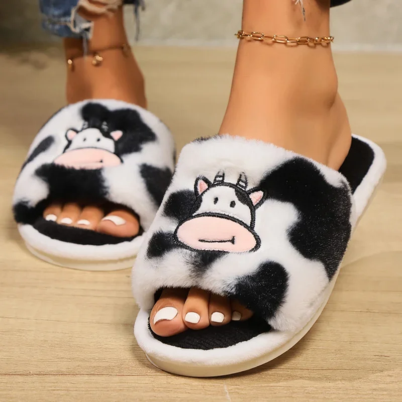 Women's Cute Cartoon Cow Fur Slippers Open Toe Non Slip Indoor House Plush Slides Woman Comfort Flat Heels Home Cotton Shoes