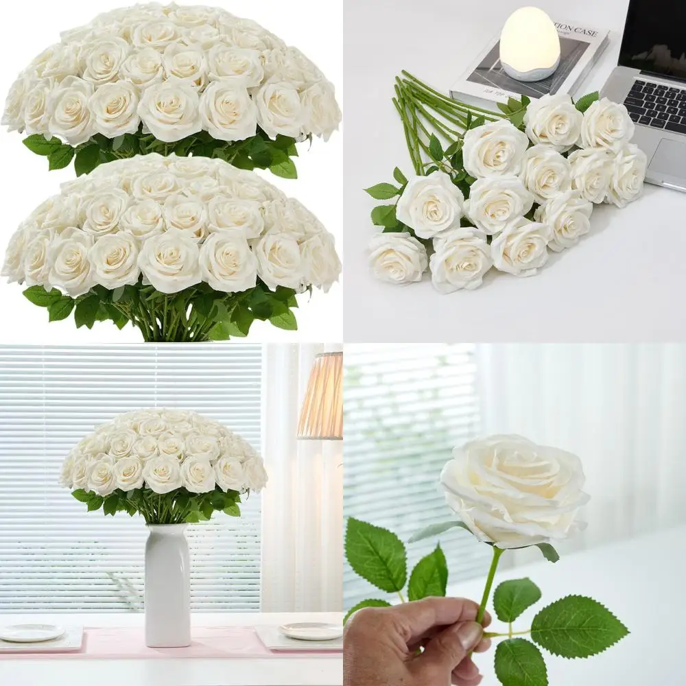 

50pcs Ivory Roses Artificial Flowers Bulk Fake White Roses Silk Flower with Stems Realistic Flowers for Wedding Centerpiece Part