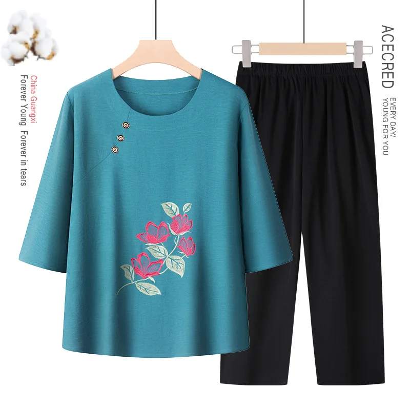 

Summer Sleepwear Women's Home Clothes Embroidery Pajama Sets Two-piece Three Quarter Sleeves Pijama Feminino Outside Wear 4XL