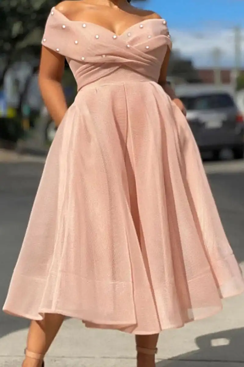 Plus Size Women's Dress Solid Off The Shoulder Pearls Decor A Line Tulle Elegant Midi Dresses