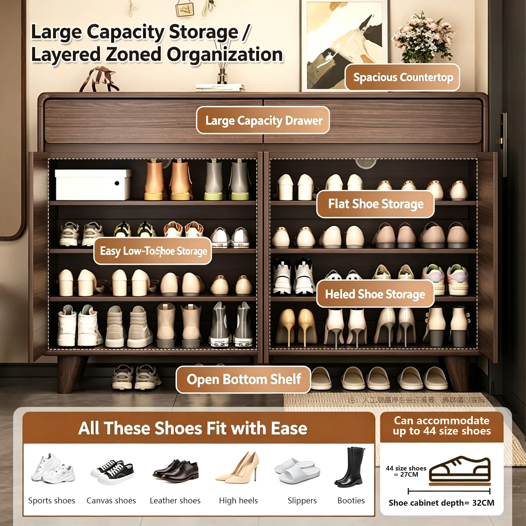 Home Shoe Cabinet For Entryway, Large Capacity Floor Storage Cabinet, Wall Mount Shoe Rack With Divider For Hallway & Doorway