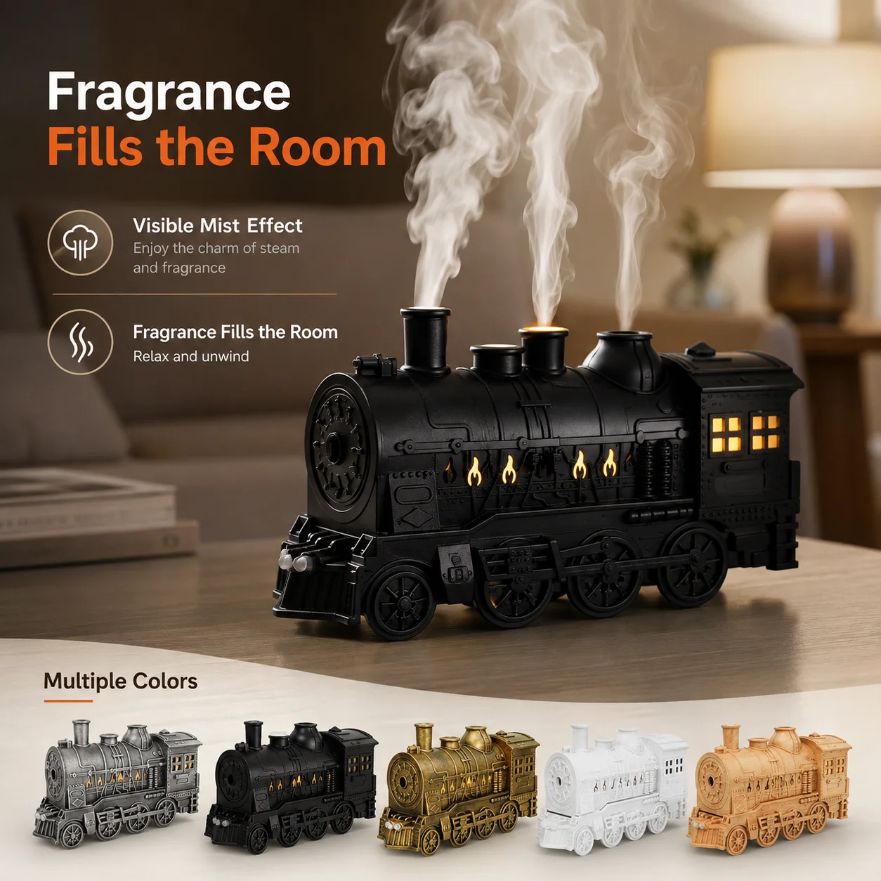 Locomotive Humidifier 300ml Aroma Diffuser Jellyfish Mist LED Light Remote Timer Retro Train Christmas Village Decoration Gift