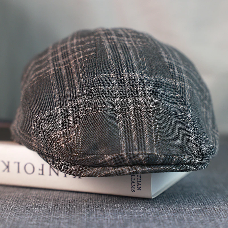 Gray Plaid Newsboy Hat Linen Cotton Womens Mens Ivy Cap Cabbie Driver Hat Spring Autumn Flat Hats Vintage Gatsby Beret A-33