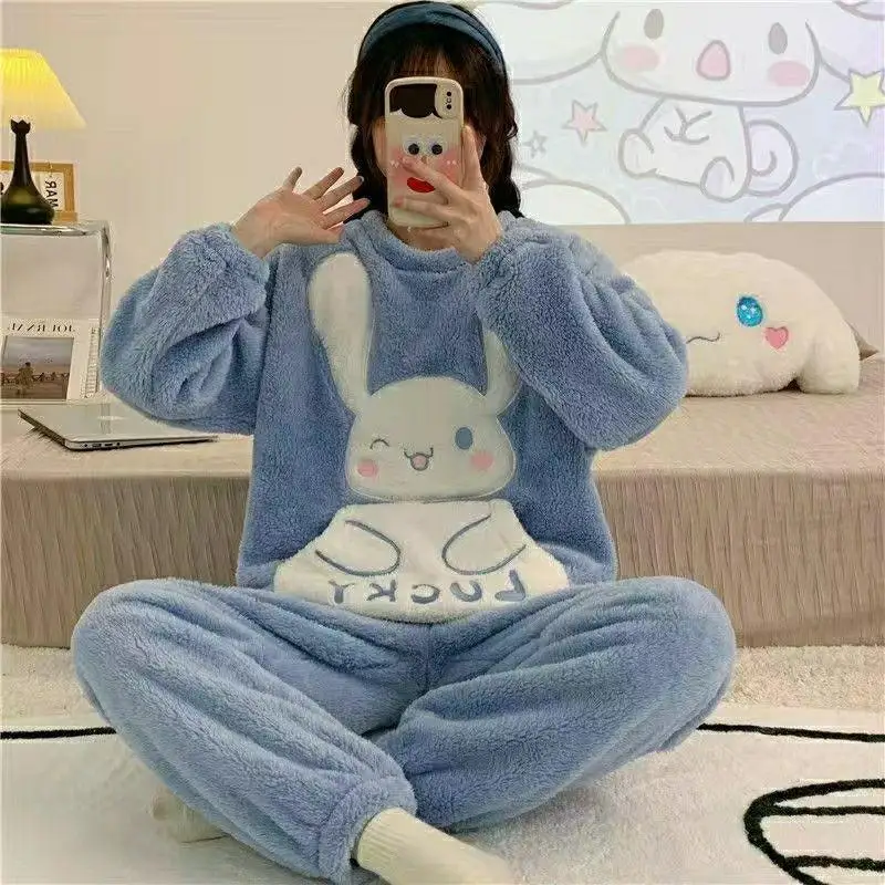 Sanrio Kit Girl Flannel Round Neck Winter Thickening Leisure Time Pajama Set Kawaii Cinnamoroll Comic Keep Warm Leisure Wear New