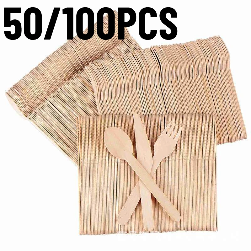 50/100PCS Disposable Wooden Knives Forks Spoons Disposable Cutlery Birthday Parties Weddings Family Dinners Dining Tools