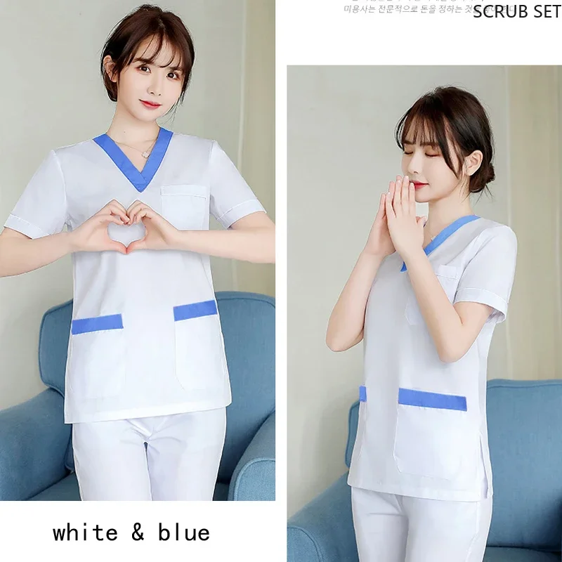 

Plug Size Scrub Set White Medical Uniform Women Nurse Clothes V Neck Spa Uniforms Loose Scrub Pants Hospital WorkWear Dentistry