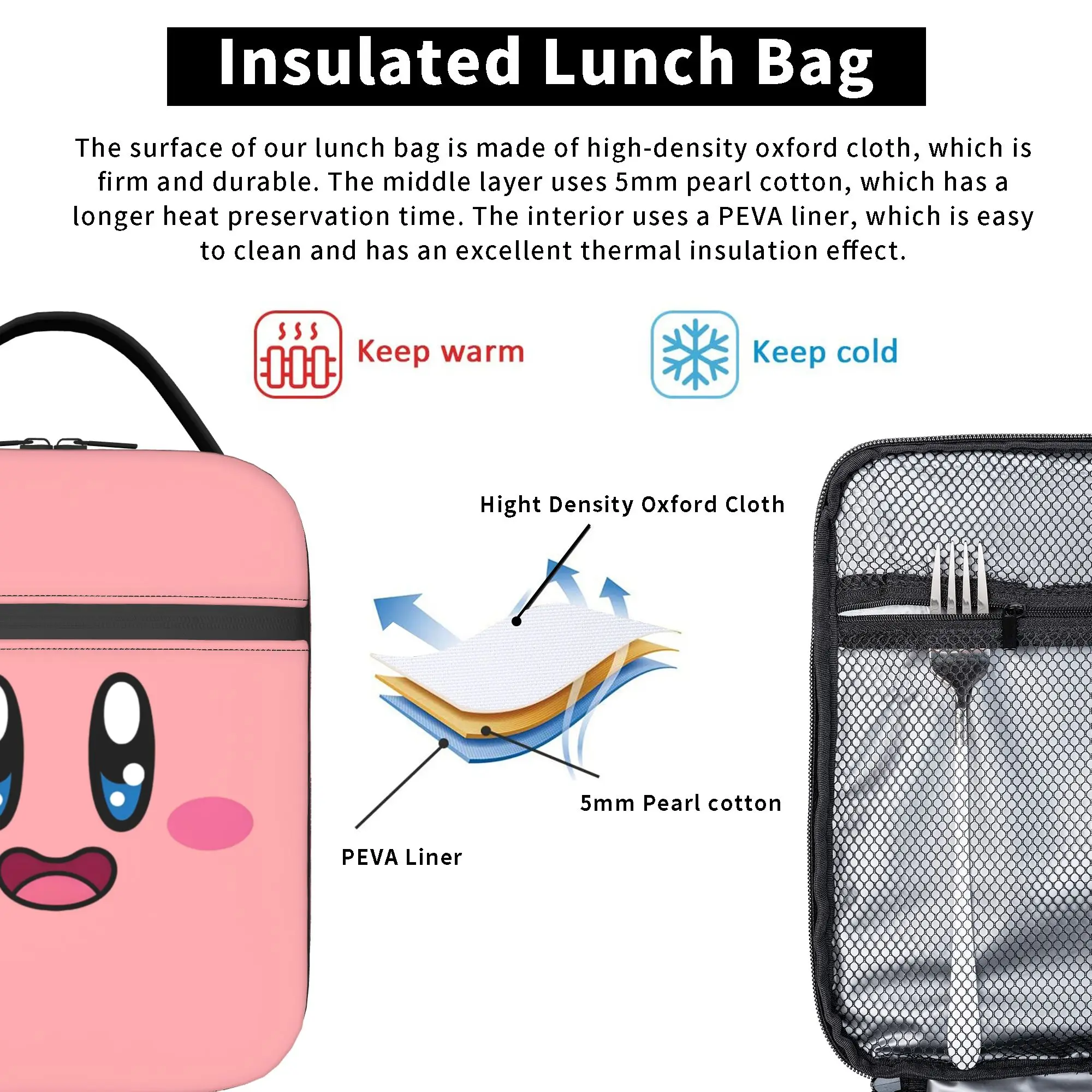 Custom K-Kirbys Resuable Lunch Boxes Waterproof Kawaii Cartoon Doll Thermal Cooler Food Insulated Lunch Bag Office Work view 3