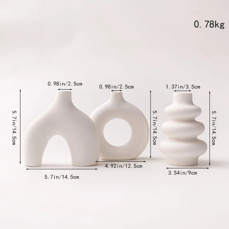 Bohemian Style Three-Piece Set White Ceramic Vase Round Geometric Design Vase Unglazed Set Vase