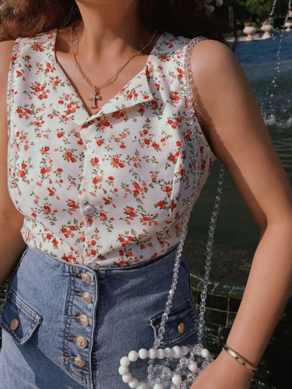 

Retro Chenopod2026 Spring Summer Slim Fit Floral Print Waist-Cinching Sleeveless Shirt Women's Top Small Floral Blouse
