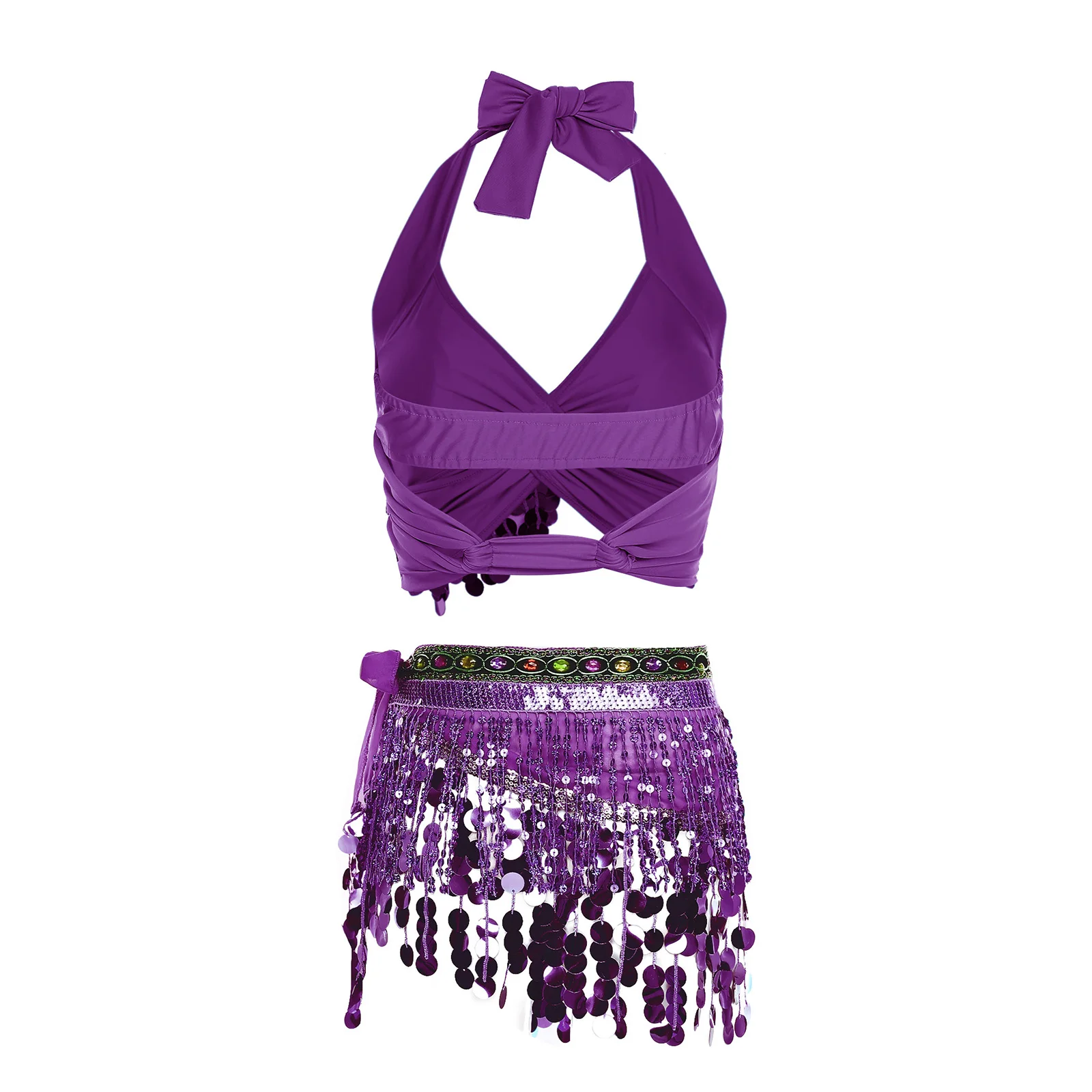 Tenue de danse du ventre à paillettes scintillantes pour femmes, haut court de poitrine à col en V et écharpe de hanche à lacets en strass pour vêtements de danse latine indienne