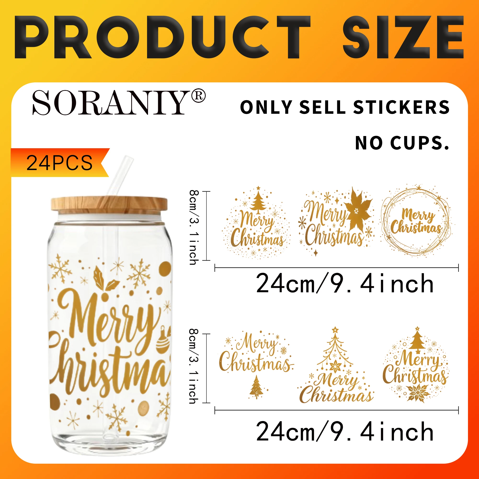 24PCS/Set Gold Foil Merry Christmas Floral Lettering Stickers Themed UV DTF 16OZ DIY Transfer Paper Set Golden Text Used For 16o