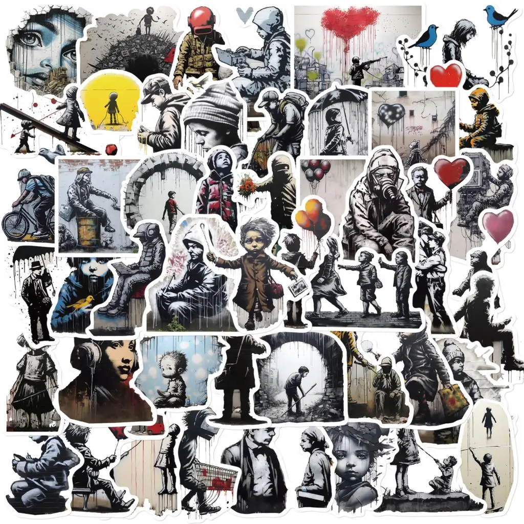 50PCS Street Artist Banksy Graffiti Stickers Exquisite Decals DIY Ipai Diary Laptop Guitar Black And White Stickers Wholesale