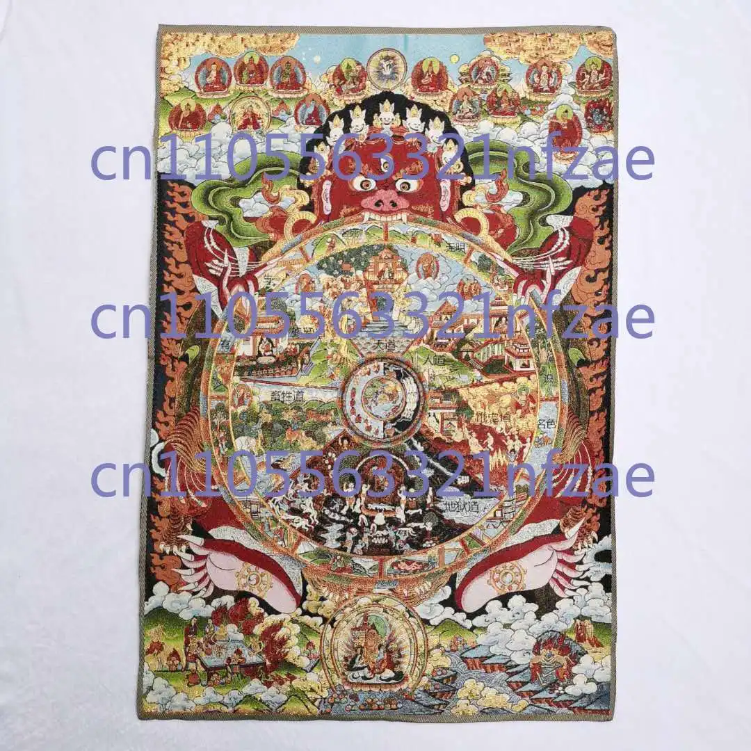 Obraz Thangka z tybetajskiej tkaniny jedwabnej, 91 cm, przedstawiający 6-stopniową drabinkę życia, Rulai, buddyzm, Tangka.