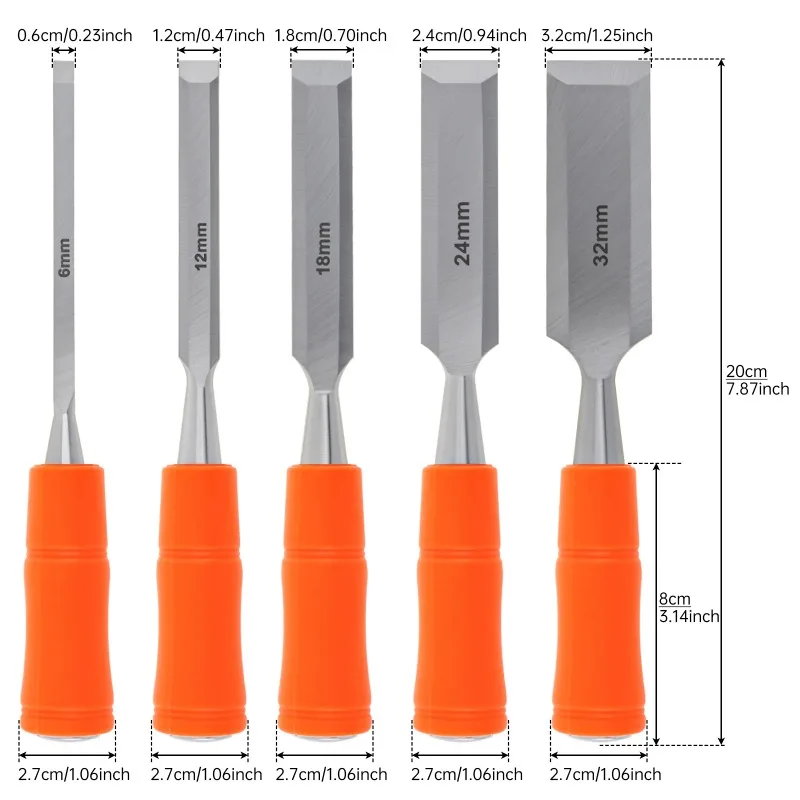 5 pieces of professional chisel with metal striking cap, steel wood chisel set, woodworking tools,wood carving manual chisel set