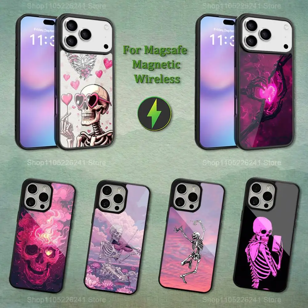 

Funny Art Pink Skeleton For iPhone 16,14,13,15,11,12,17,Plus,Mini, Pro,For Magsafe,Max,Magnetic Wireless Charging Case