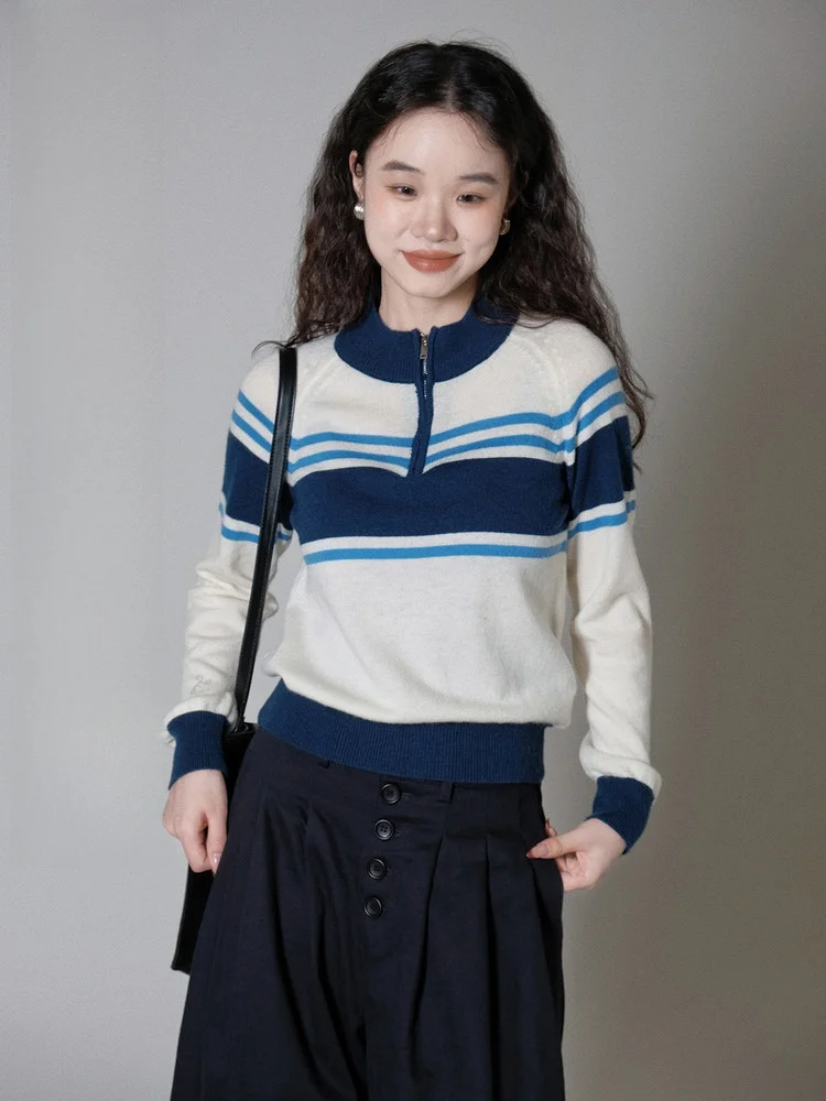 

Ivy Yang 2025 Autumn Long Sve Knitted Sweater f Zip Color Blo Striped Aosphere Sense Slimming Top Women's Faion