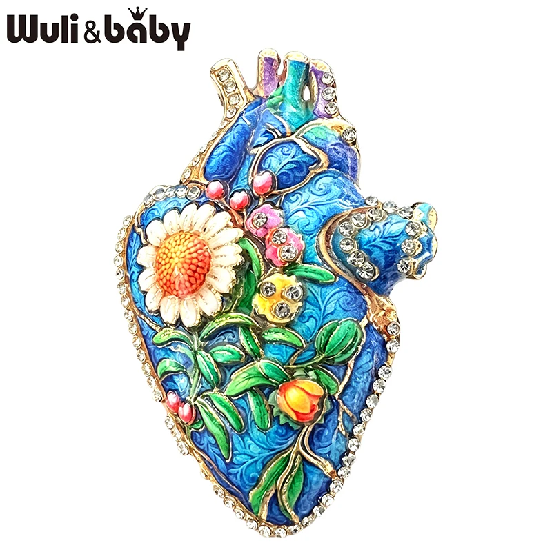 Wuli&baby Vintage Floral Heart Brooches For Women Unisex 4-color Rhinestone Folk Art Style Flowers Heart Love Party Brooch Pins