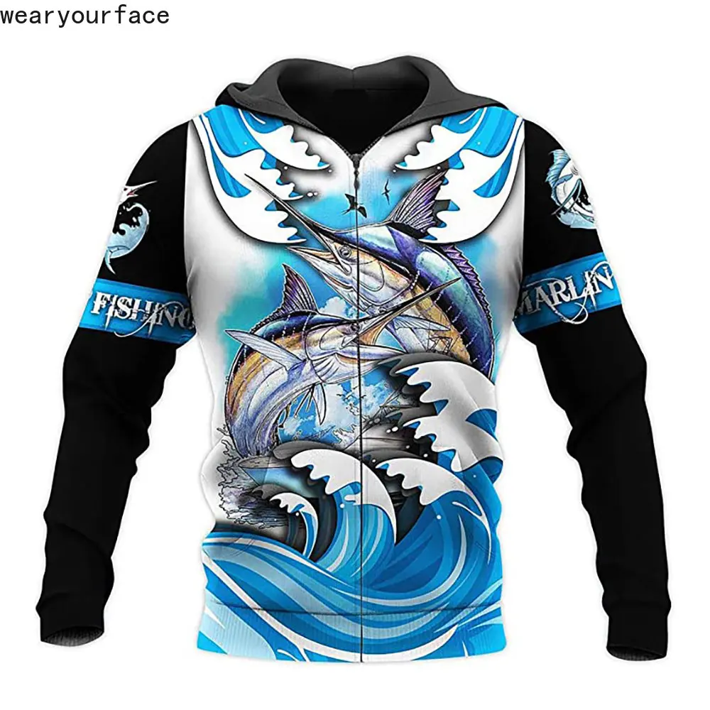 

Marlin Fishing Zipper Hoodies Cardigans Printed Crewneck Harajuku Outdoor Vacation Funny Sports Streetwear Mens Clothing