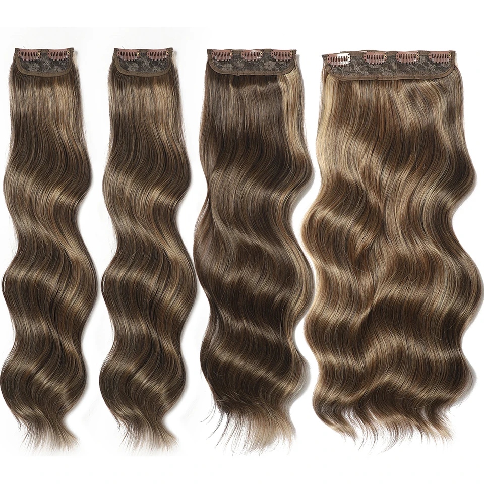 Extensiones de cabello con clip, onda natural con reflejos, 22 pulgadas, 4 piezas, 220g, fibra sintética resistente al calor 2
