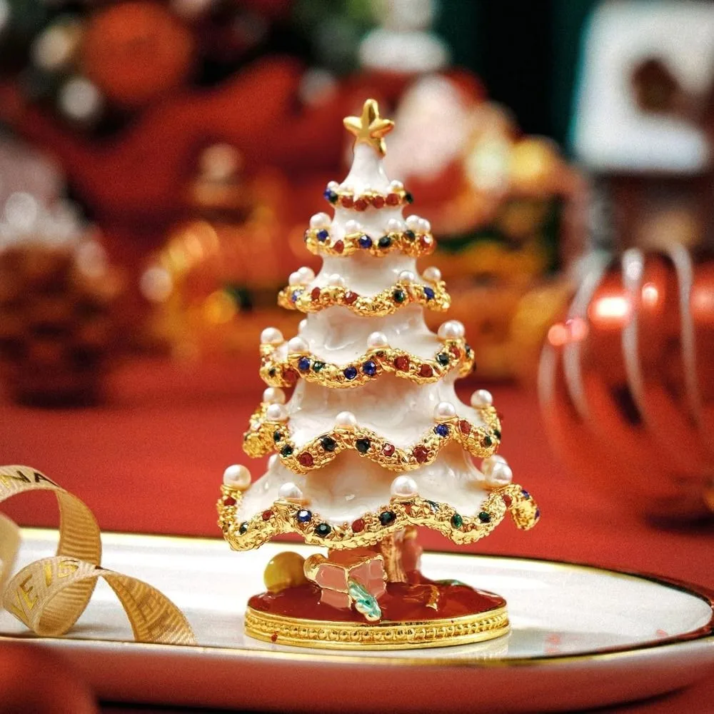Luxury Metal Christmas Tree Ornaments Colorful Enamel Miniature Xmas Tree Pearl Crystal Tabletop Decor Jewelry Storage Box Women