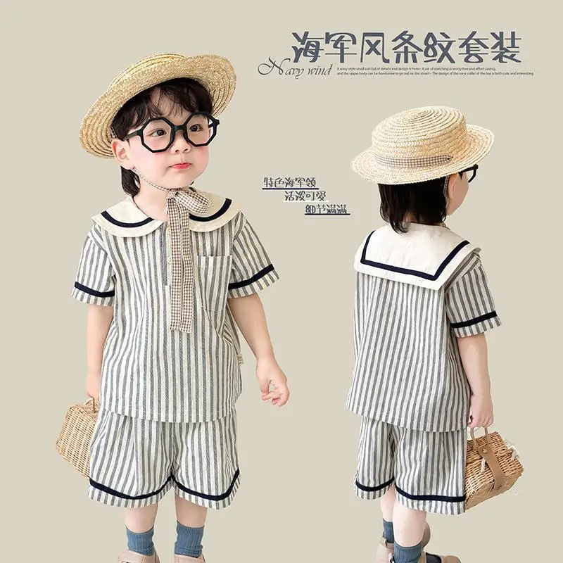 Kids Boys Girls Clothes Summer Stripe Cotton Shirt Tops+Shorts Baby Casual Naval Leadership Clothing Sets For Children