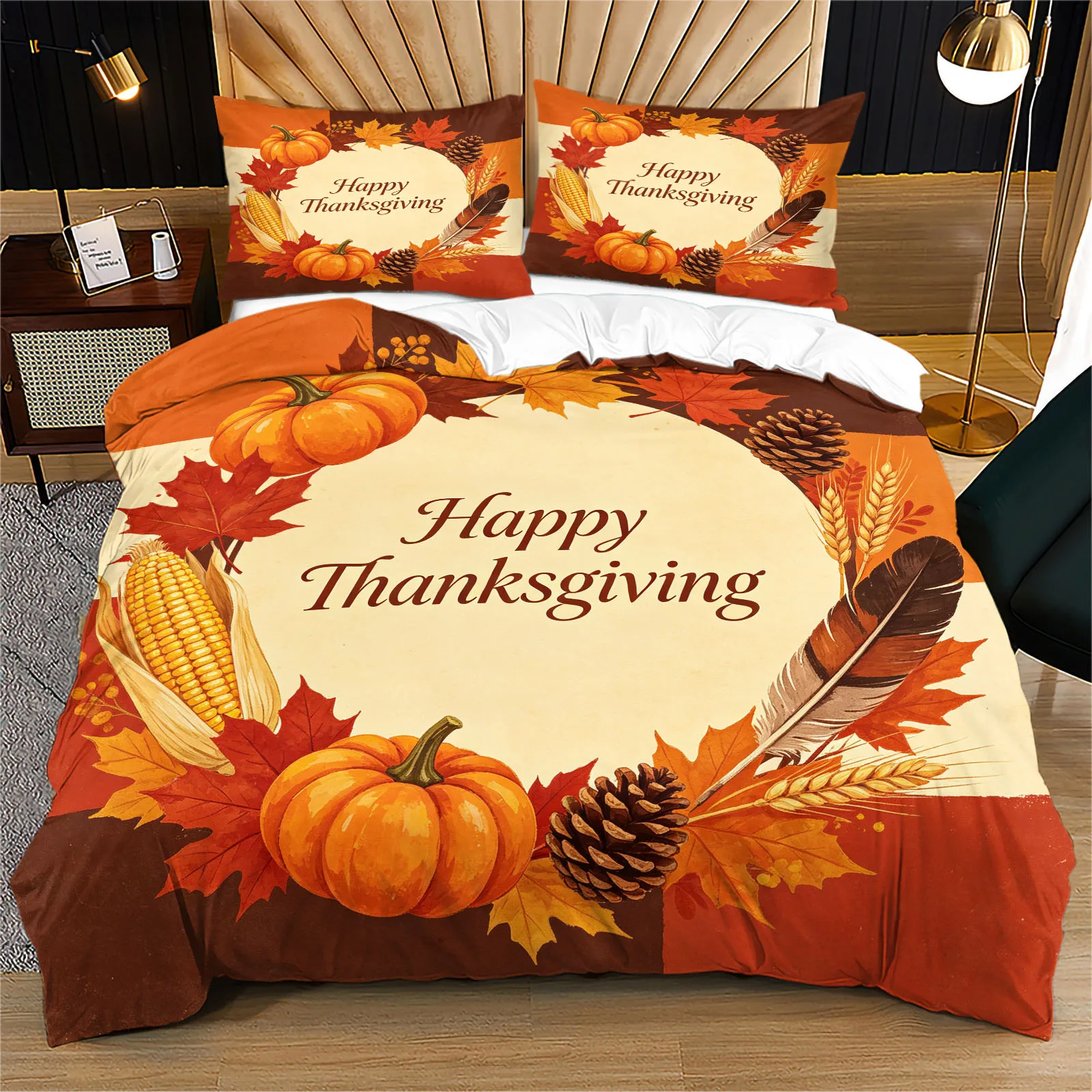 Happy Thanksgiving Duvet Cover Set Fall Pumpkin Maple Leaf Pinecone Corn Feather Bedding Set Soft Autumn Harvest Quilt Cover