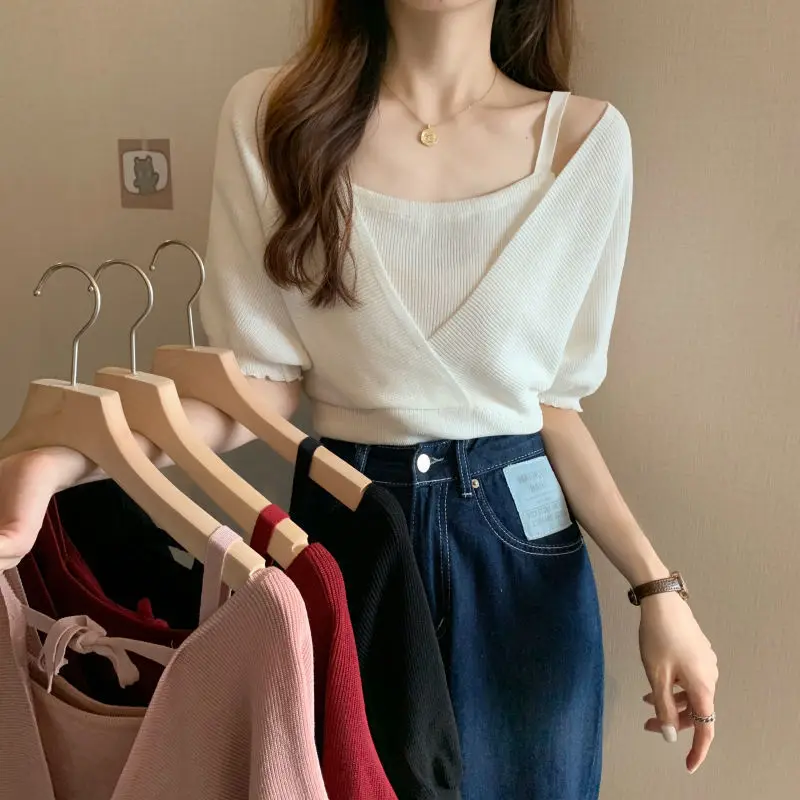 

Women Summer Thin Sweater 2023 Korean Lady Fashion Patchwork Fake Two Piece Knit Pullover Daily Joker White T Shirt New Tops