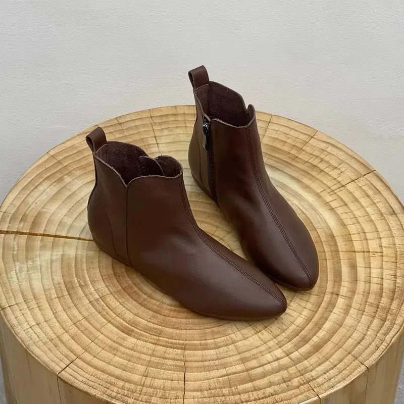 2025 جديد جلد طبيعي حذاء من الجلد النساء ريترو أحذية كعب منخفض أشار تو سستة السيدات عادية أحذية بوت قصيرة مكتب أحذية النساء #3