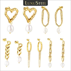 LUXUSTEEL Stylish Heart Shape Pearl Hanging Chain Studs for Women Retro Stainless Steel Titanium Drop Earrings Party Jewelry