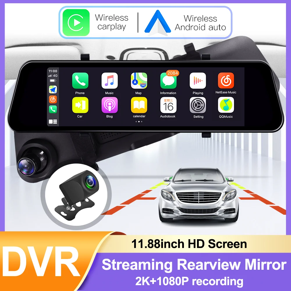 

Auto Parts Accessories For DVR streaming rearview mirror Front and Rear Dual Camera Dash Cam Wireless Carplay Android Auto