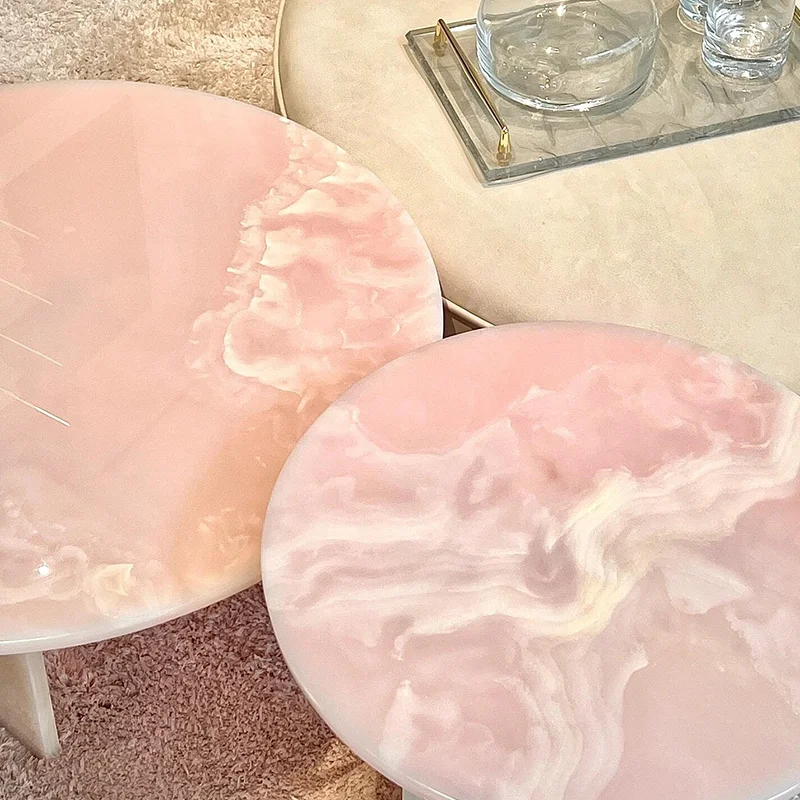 Table Basse Ronde Moderne en Marbre, Meuble d'Angle Transparent, Couleur Rose, Style Sédentaire poumons