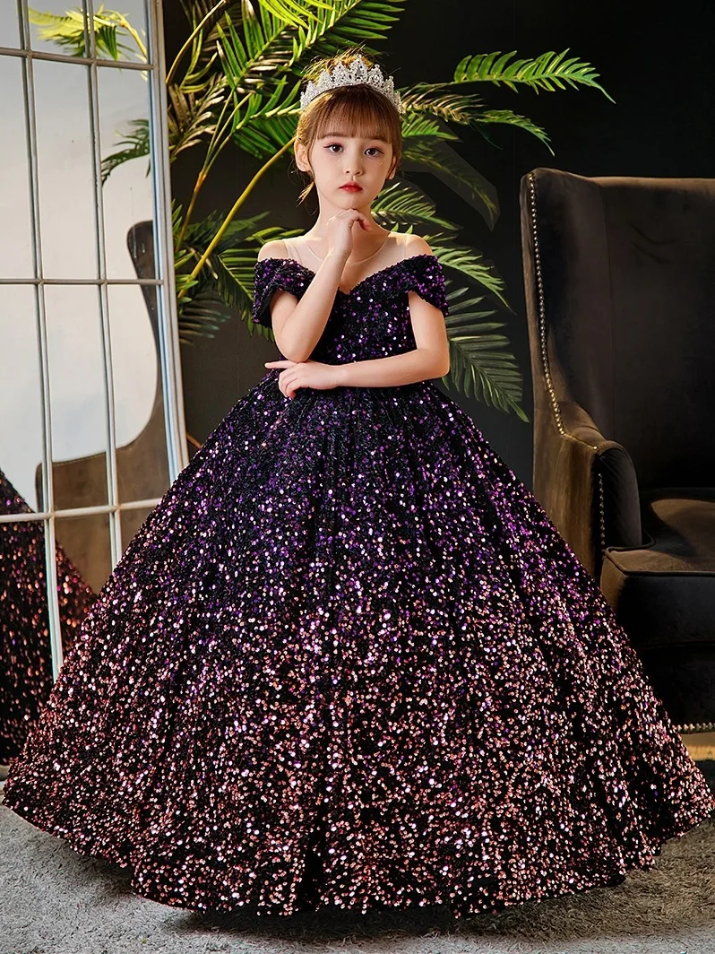 Children\'s dress Princess dress 2024 Spring girls runway show flower children pompadour yarn host piano dress